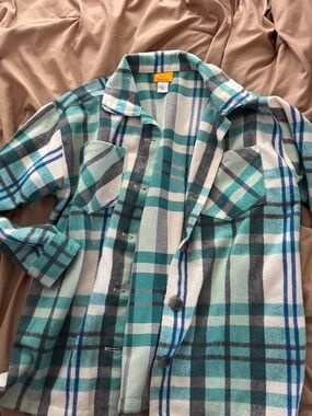 Plaid Button-Up Shacket in Aqua & Teal
